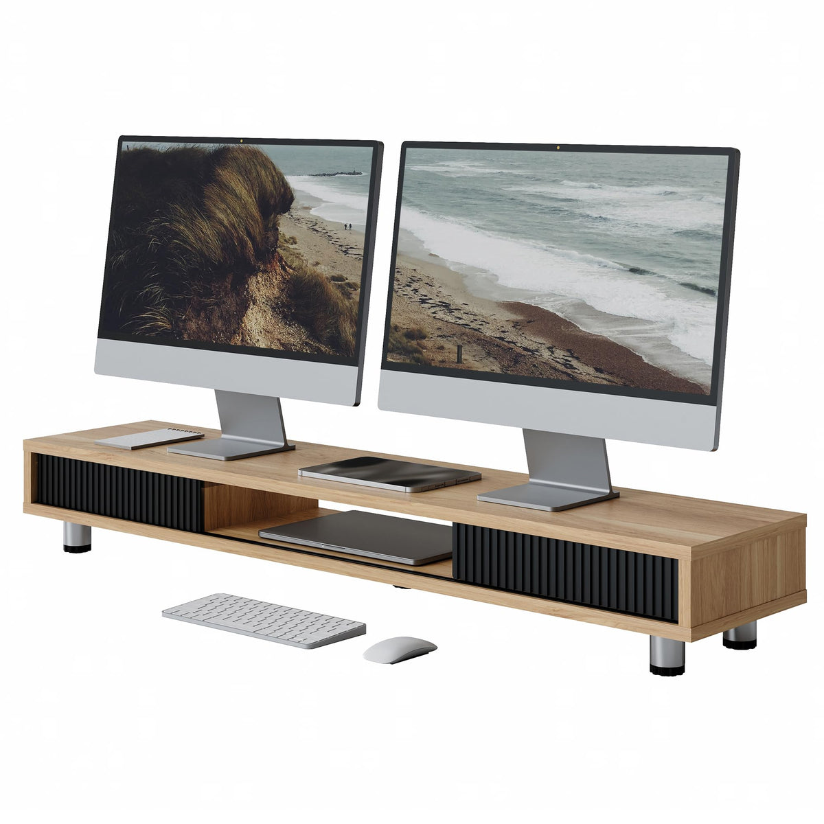 Fenge Dual Monitor Stand with Storage, Desk Shelf with Glass Sliding Door