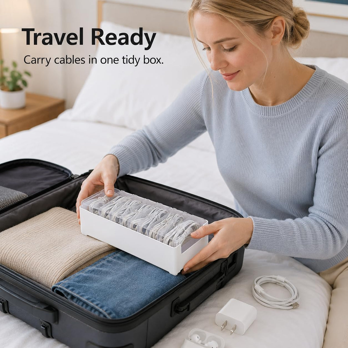 8 Pcs Cable Organizer Storage Box, Desktop Cord Management Organizer with 7 Switch Small Boxes, Clear Home Fuse Beads Case for Stationery Supplies Desk Electronic Accessories, White