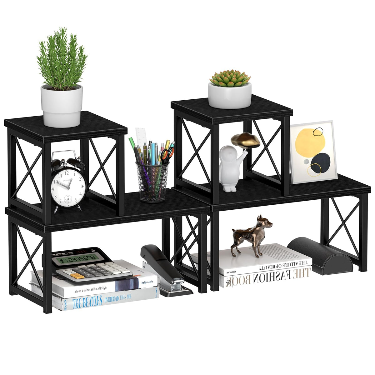 Honiter 2 Sets Desk Shelf, Desktop Organizer Shelf, 2 Tier Independent Stackable Desktop Shelves, Desktop Office Storage Rack Display Shelf