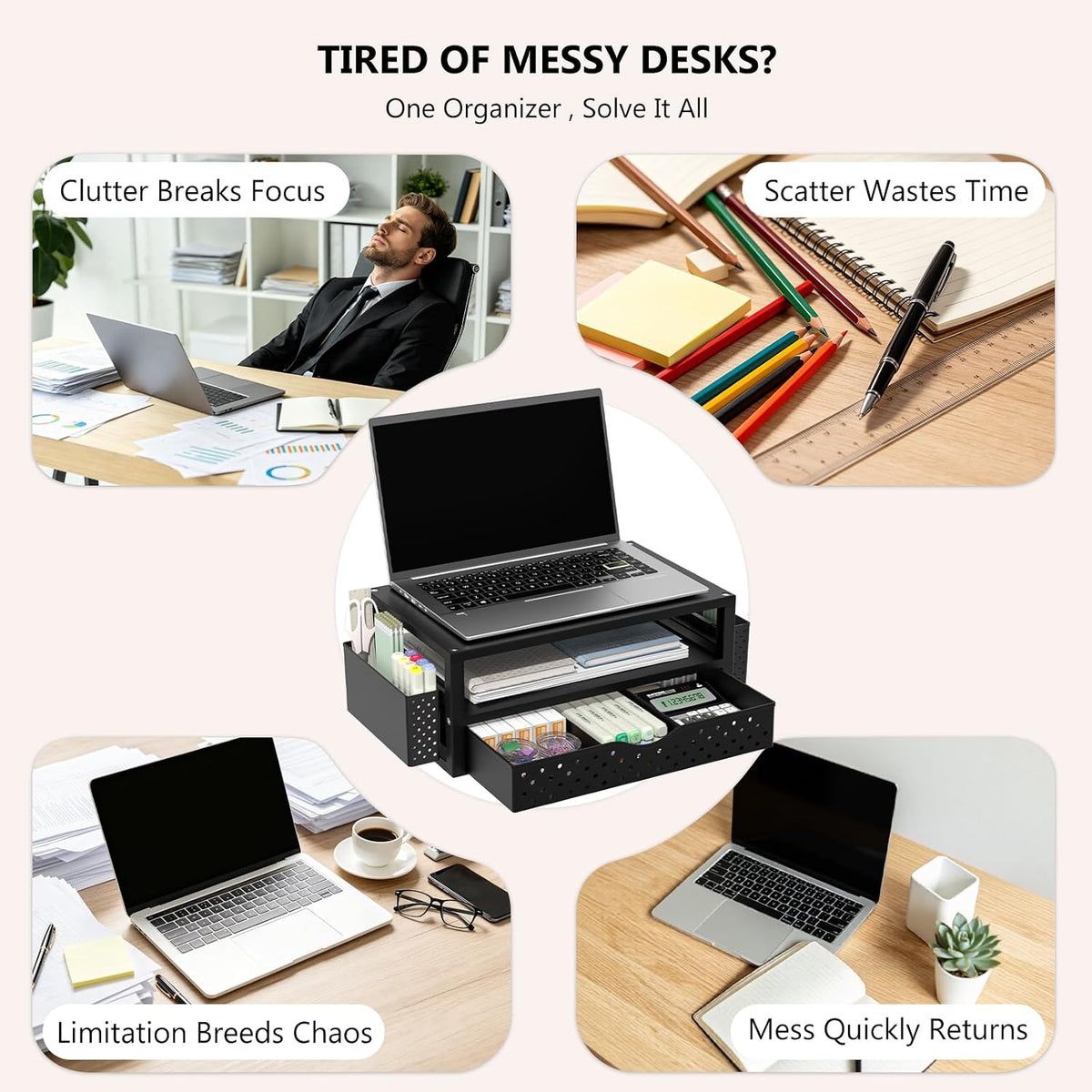 WALI Desk Organizer with Drawer and Pen Holder, 3 Tier Computer Monitor Stand for Home Office Supplies, Laptop Stand Riser for Computer, Laptop, Printer(PTT004-B), 1 Pack, Black