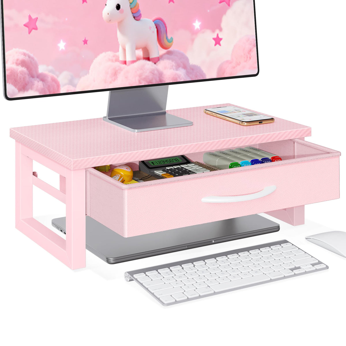 Computer Monitor Stand Riser with Drawer, 2-Tier Desk Accessories & Workspace Organizers, Laptop Stand for Desk with Storage, Office Organization, Wood