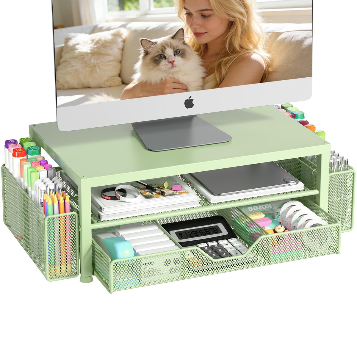 OPNICE Desk Organizers and Accessories, Computer Monitor Stand Riser with Drawer and 2 Pen Holders, Printer & Laptop Stand, Office Desk Accessories & Workspace Organizers for Home Office Supplies, Black