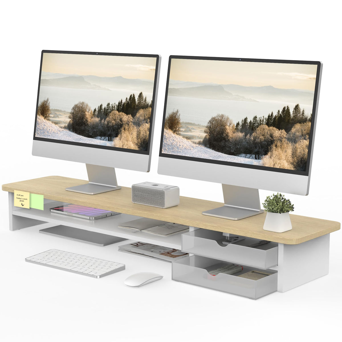Fenge Monitor Stand, Desk Computer Riser with Frosted Storage Drawer, Black
