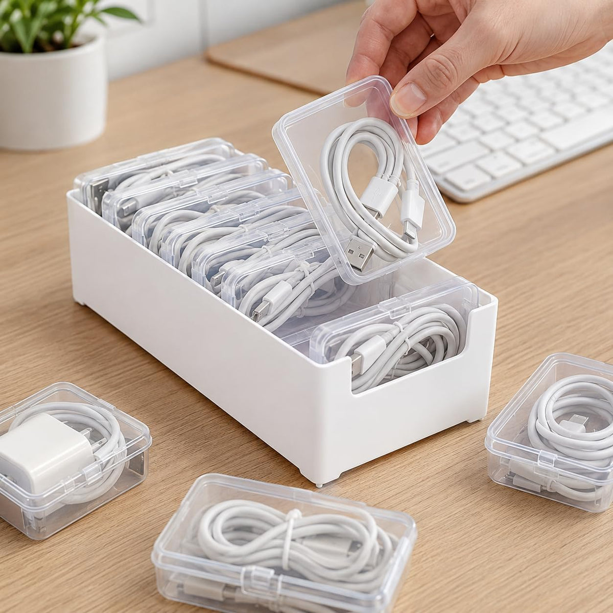 8 Pcs Cable Organizer Storage Box, Desktop Cord Management Organizer with 7 Switch Small Boxes, Clear Home Fuse Beads Case for Stationery Supplies Desk Electronic Accessories, White