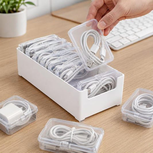 8 Pcs Cable Organizer Storage Box, Desktop Cord Management Organizer with 7 Switch Small Boxes, Clear Home Fuse Beads Case for Stationery Supplies Desk Electronic Accessories, White