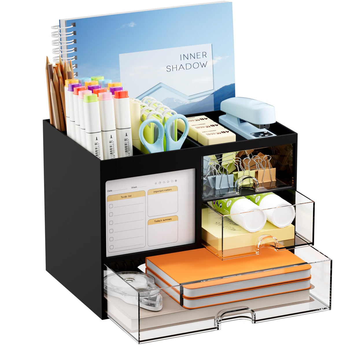 Marbrasse Desk Organizer with 3 Drawer, Multi-Functional Pencil Pen Holder for Desk, Desk Organizers and Accessories with 4 Compartments, Desktop Organizer Storage for Office Home Art Supplies (White)