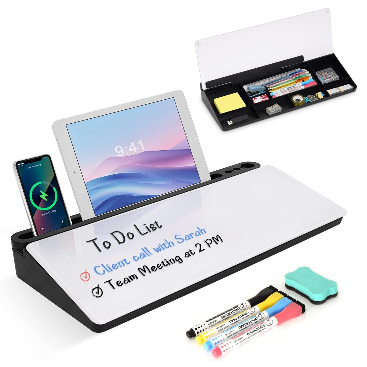 Desktop Glass Whiteboard with Storage, Desk Dry Erase White Board Black