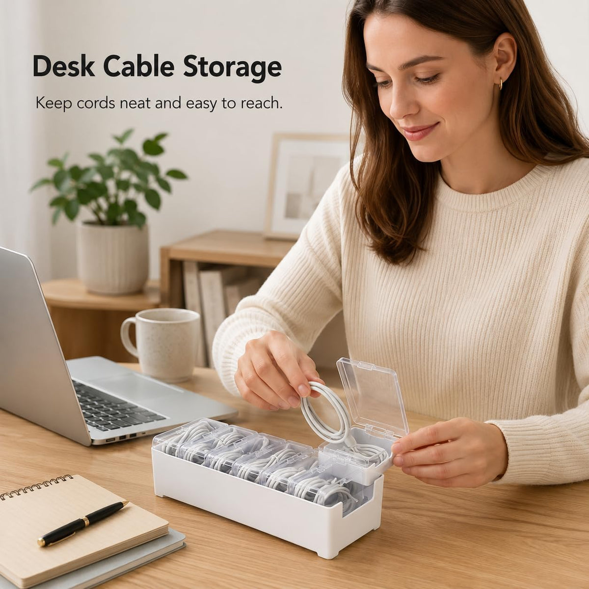 8 Pcs Cable Organizer Storage Box, Desktop Cord Management Organizer with 7 Switch Small Boxes, Clear Home Fuse Beads Case for Stationery Supplies Desk Electronic Accessories, White