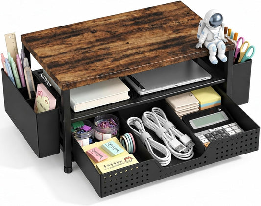 LEKETREE Wood Desk Organizer, 2-Tier Computer Monitor Stand Riser with Storage Drawer and 2 Pen Holders, Laptop & Printer Stand, Shelf for Top of Desk (Wood)