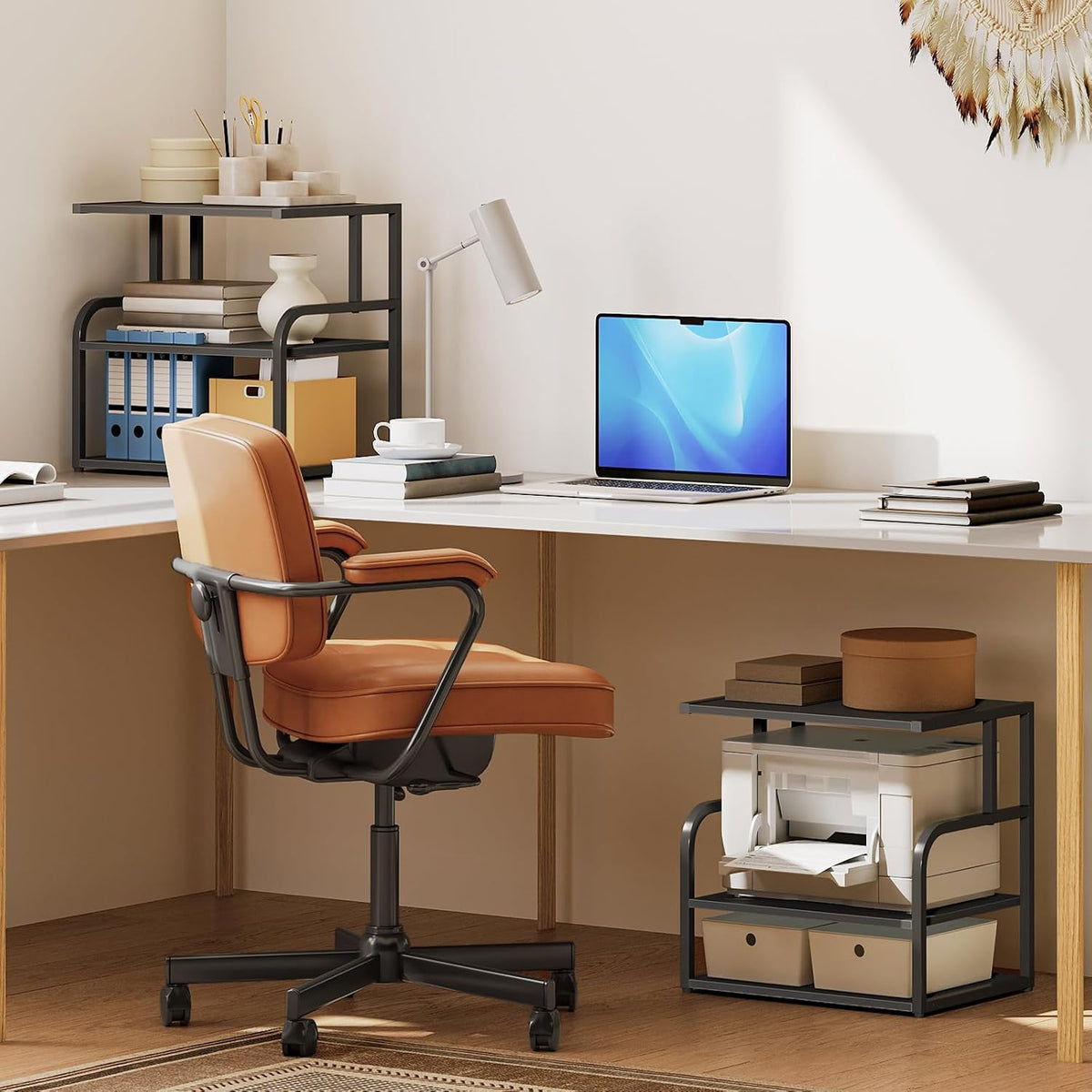 HOOBRO Printer Stand, 3-Tier Desktop Printer Table, Under Desk Printer Storage Office Organizer, Storage Rack with Adjustable Shelf, for Home Office, Kitchen, Living Room, Black BB06PS01