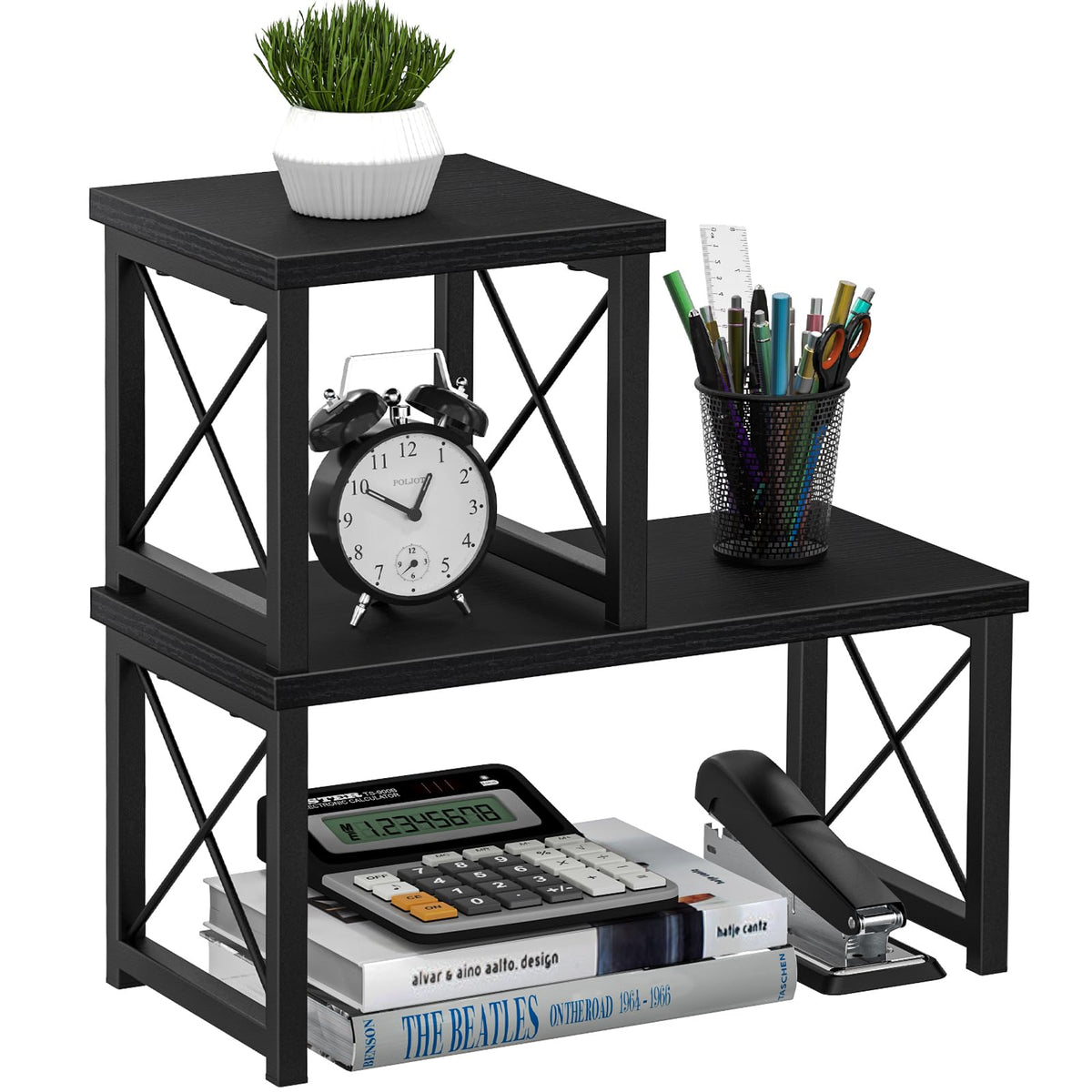 Honiter 2 Sets Desk Shelf, Desktop Organizer Shelf, 2 Tier Independent Stackable Desktop Shelves, Desktop Office Storage Rack Display Shelf