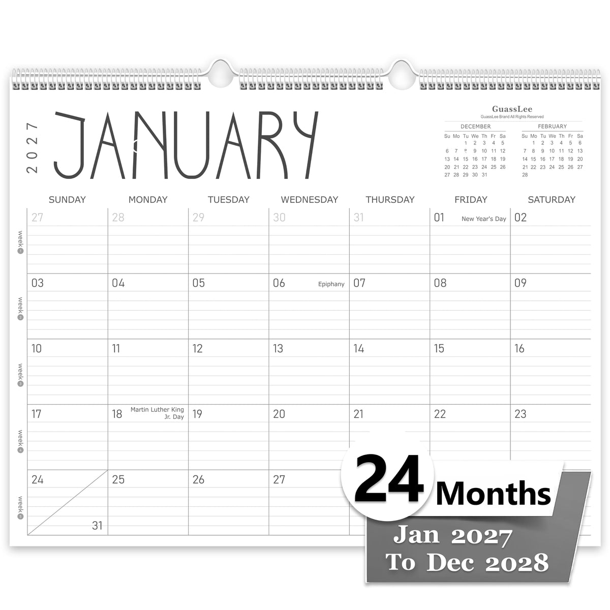 GuassLee 2027 wall calendar 12 month, Jan 2027-Dec 2027, 14"x11"