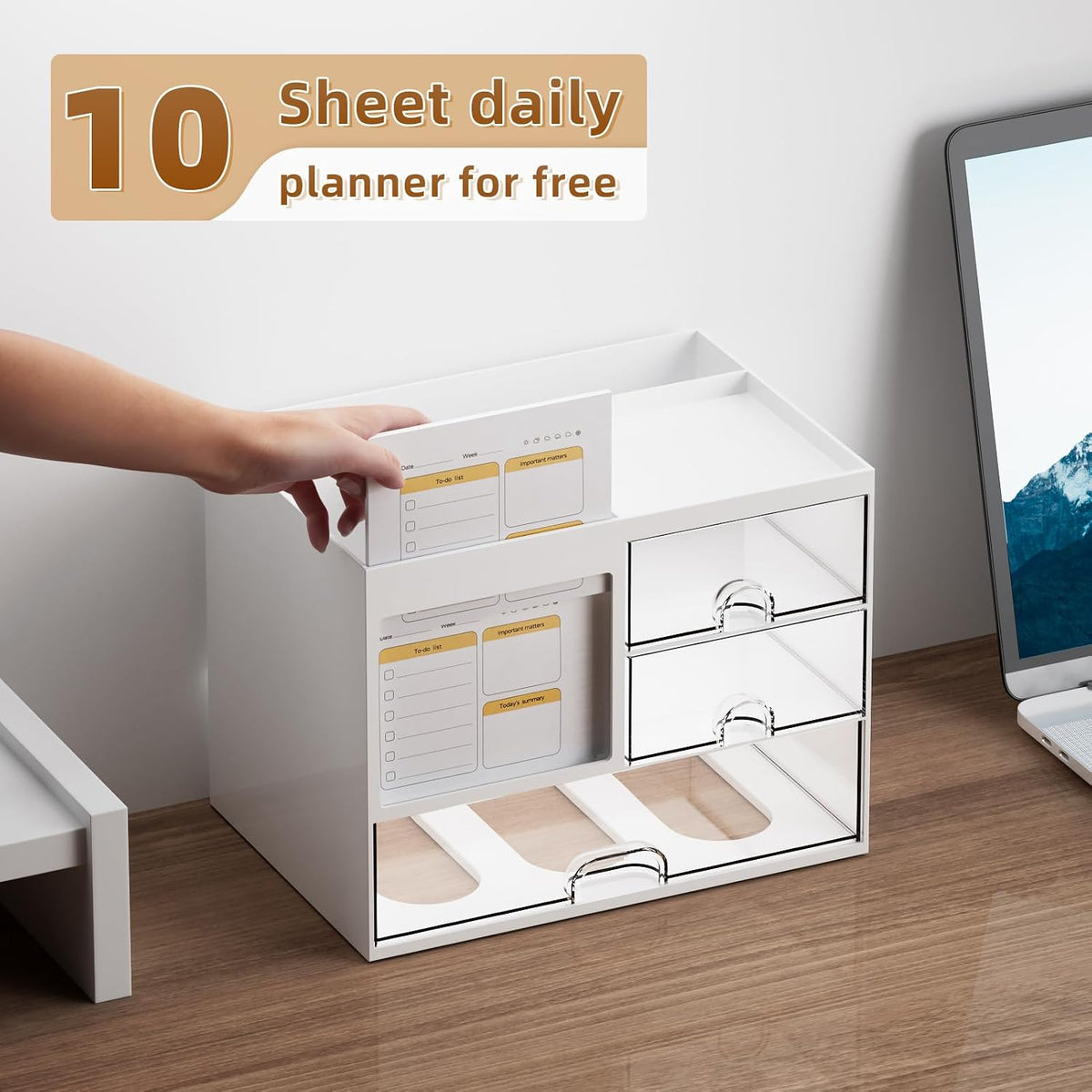 Marbrasse Desk Organizer with 3 Drawer, Multi-Functional Pencil Pen Holder for Desk, Desk Organizers and Accessories with 4 Compartments, Desktop Organizer Storage for Office Home Art Supplies (White)