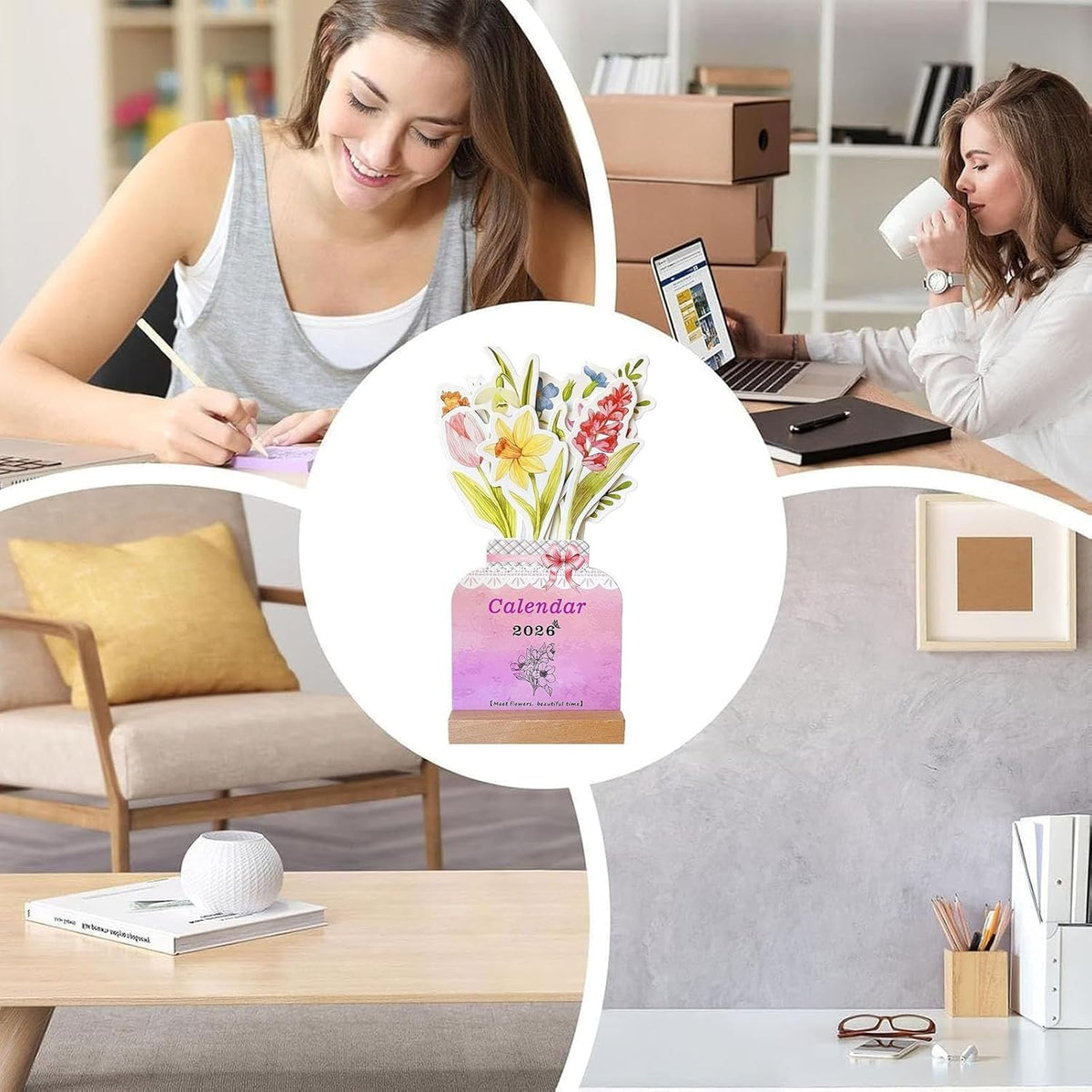 2026 Flowers Desk Calendar, Creative Flower Small Desk Calendar, Floral Desktop Calendar with Wooden Base for Home, Office and Desk Accessories