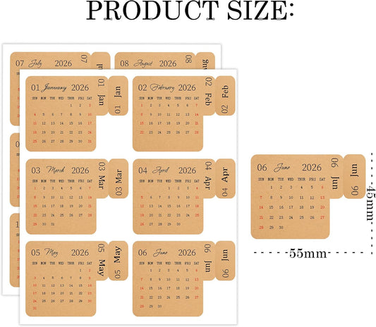 2026 Calendar Stickers Kraft Monthly Planner Index Divider 120Pcs