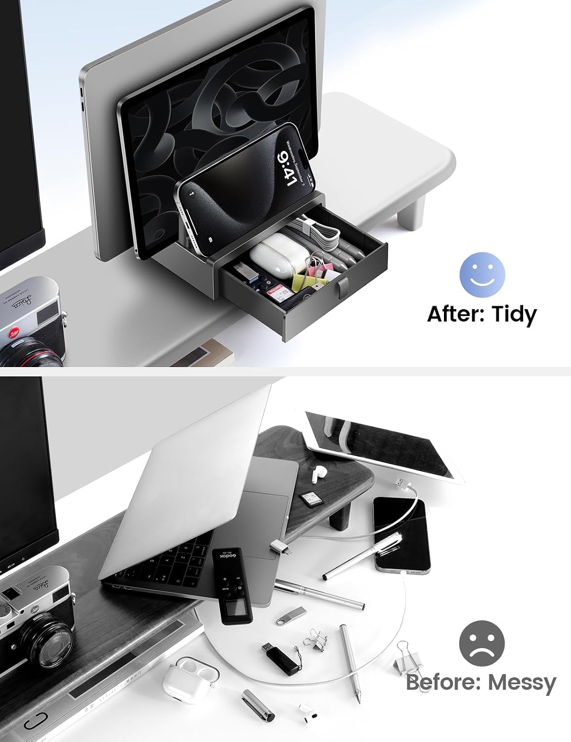 Vaydeer Vertical Laptop Stand with Drawer,Dual Slots Plastic Laptop Holder Storage with Space Saving 4-in-1 Design,Adjustable Laptop Organizer Stand for Desk,Supports MacBook,Chromebook,Surface,Dell