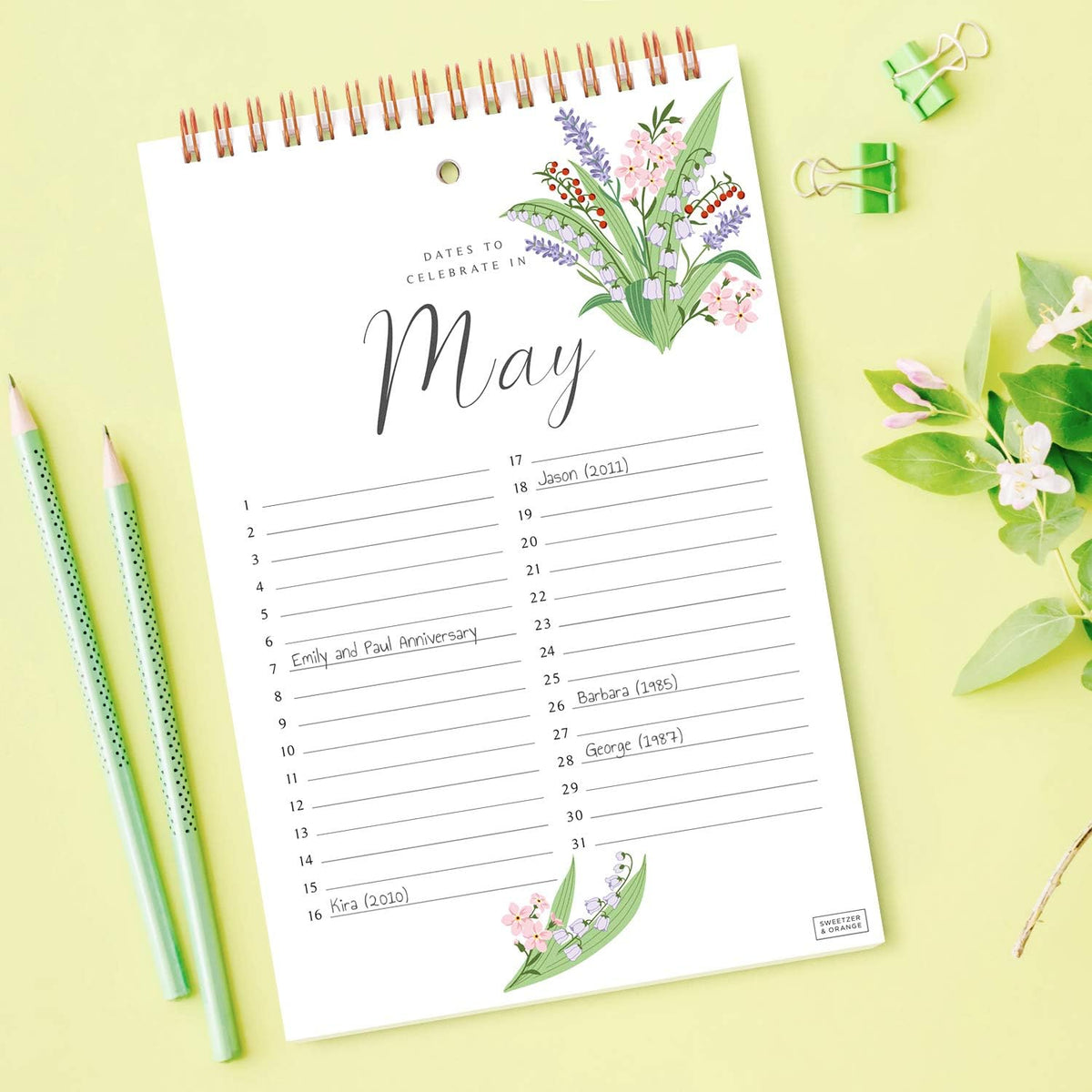 S&O Perpetual Calendar. 12 Month Office or Family Wall Timetable. 6x9” Floral Flip Scheduler Design. Timeless Birthday Calendar Wall Hanging, Anniversary Chart and Monthly Planner
