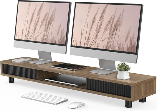Fenge Dual Monitor Stand with Storage, Desk Shelf with Glass Sliding Door