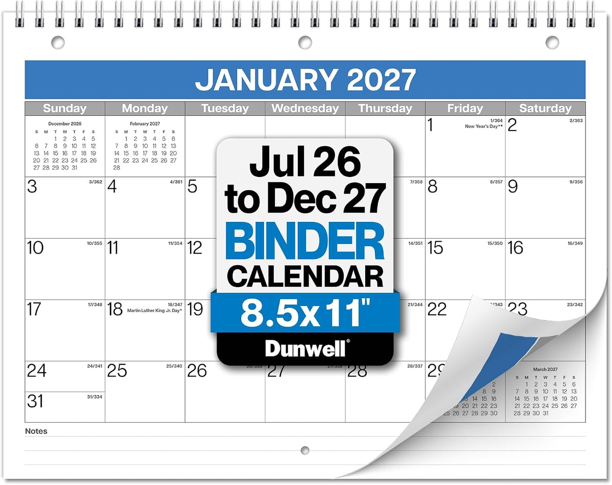 Dunwell 2026-2027 8.5x11 Binder Calendar, 18-Month 3-Hole Planner