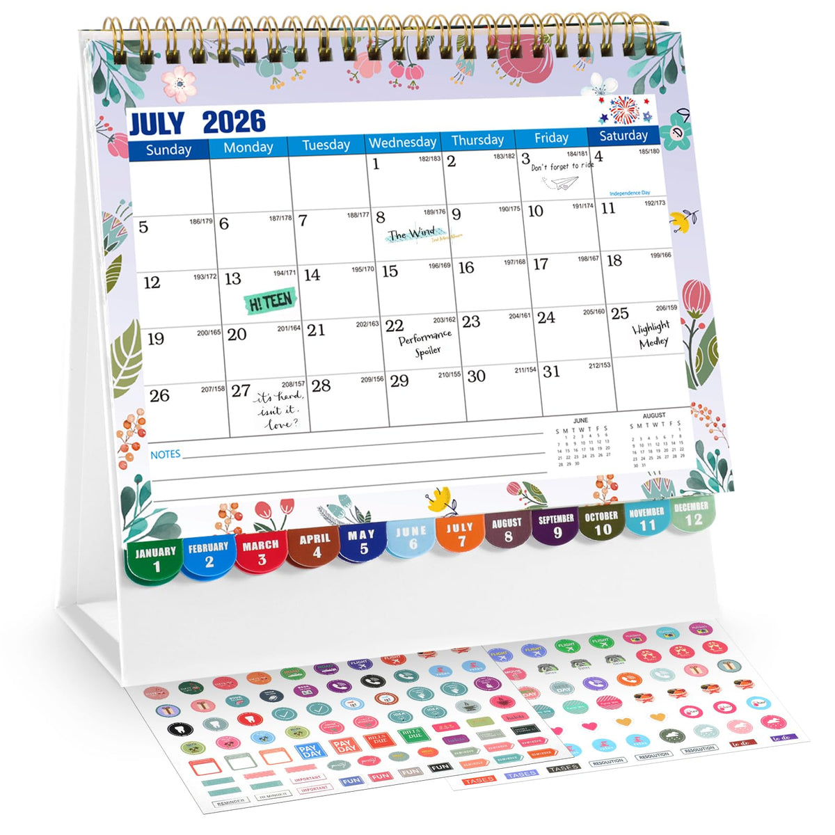 2026-2027 Mini Desk Calendar with Stickers, 8" x 6" 18 Months Festival Watercolor