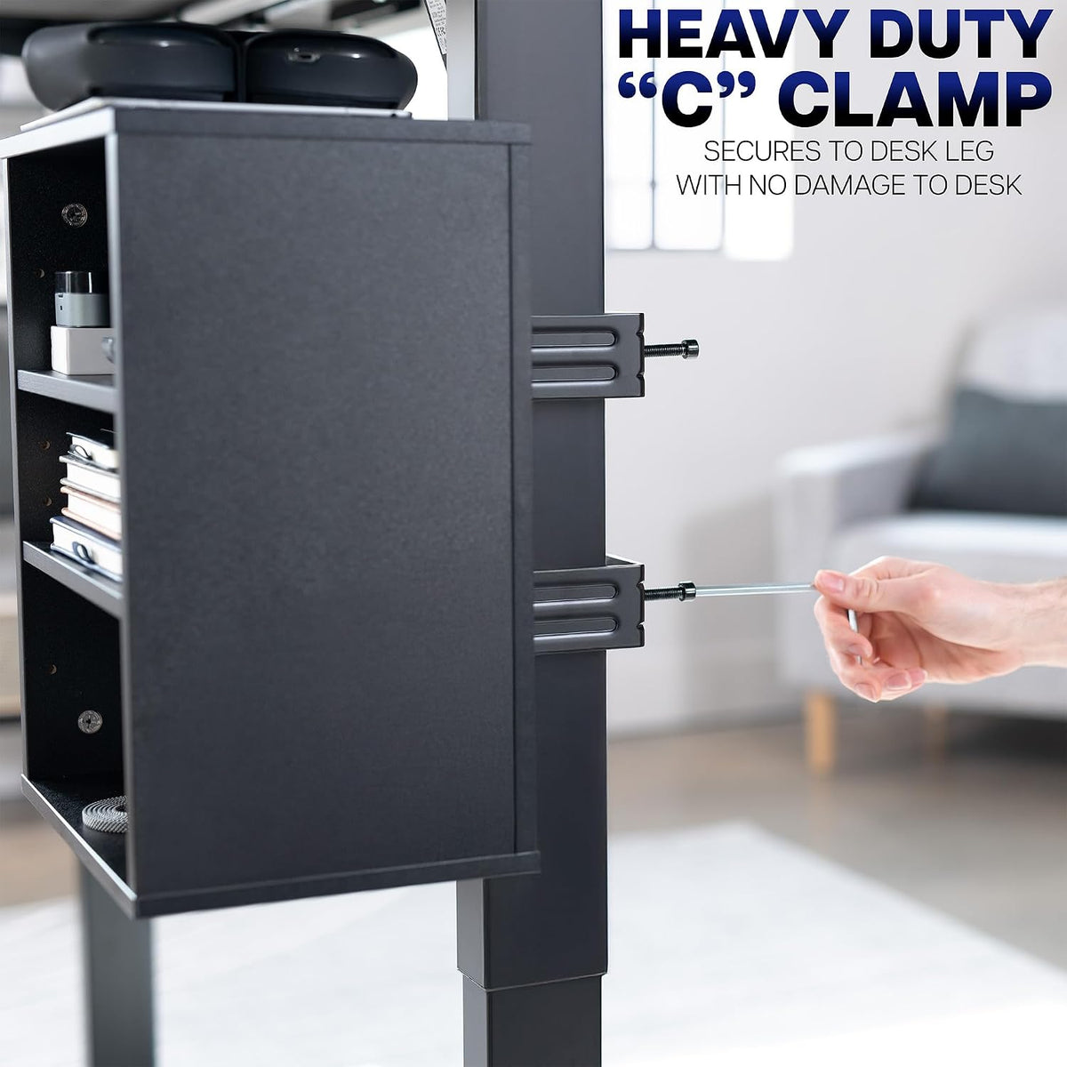 VIVO Black Clamp-on Desk Leg Shelving Unit, Storage Shelves, DESK-SHELF3CL