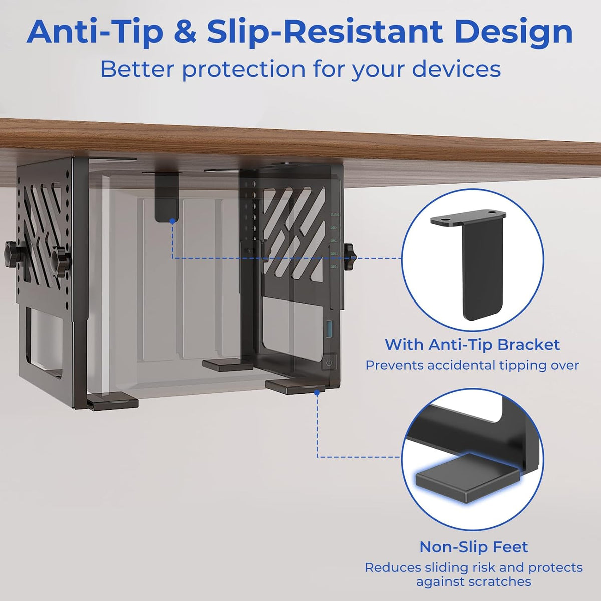 Metal Under Desk Mount for NAS Adjustable Mounting Bracket for Desktop NAS 1/2/4 Bay Network Attached Storage Under Desk Holder for NAS/Small PC/SFF Desktop Tower/CPU/UPS and More with Cable Ties