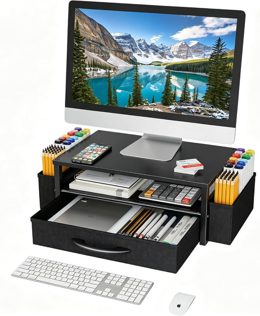 Ekisemio Desk Organizer and Accessories, 2-Tier Computer Monitor Stand Riser with Drawer & 2 Pen Holders - Multi-Functional Desk Organizer for Laptop, Printer & Home Office Supplies, Black