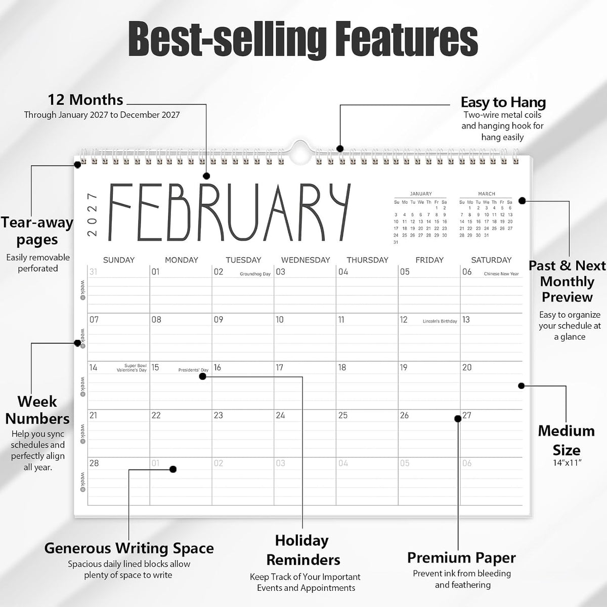 GuassLee 2027 wall calendar 12 month, Jan 2027-Dec 2027, 14"x11"