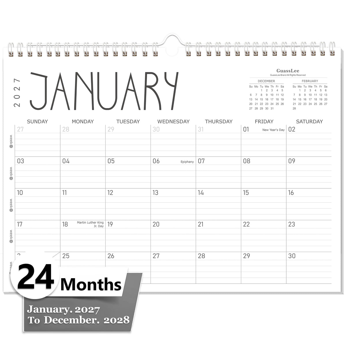 GuassLee 2027 wall calendar 12 month, Jan 2027-Dec 2027, 14"x11"