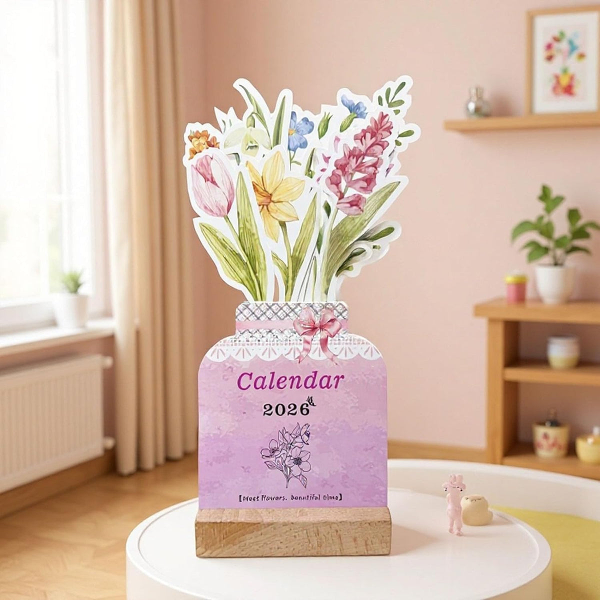 2026 Flowers Desk Calendar, Creative Flower Small Desk Calendar, Floral Desktop Calendar with Wooden Base for Home, Office and Desk Accessories