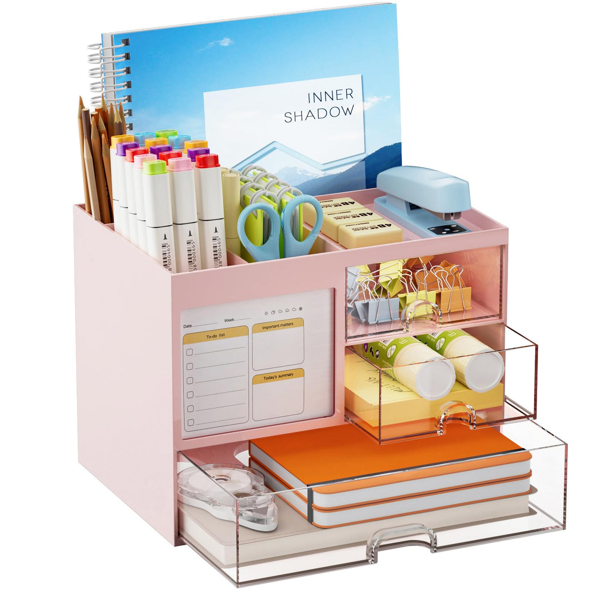 Marbrasse Desk Organizer with 3 Drawer, Multi-Functional Pencil Pen Holder for Desk, Desk Organizers and Accessories with 4 Compartments, Desktop Organizer Storage for Office Home Art Supplies (White)