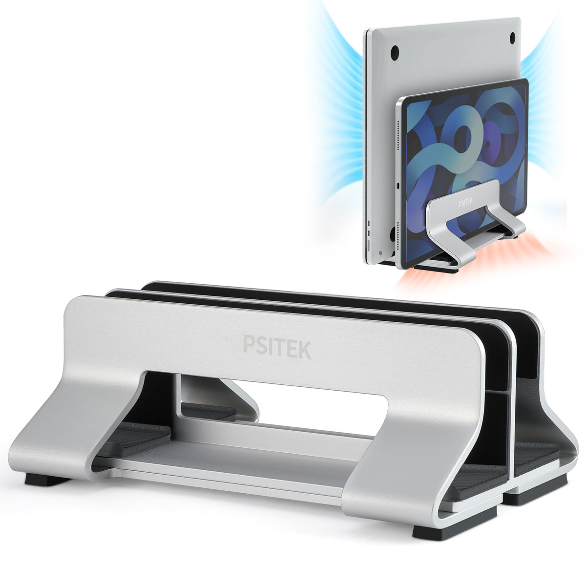 Aluminum Vertical Laptop Stand Dock Holder, Adjustable Slot Width 12-42mm, Space-Saving Upright Storage for MacBook and Laptops