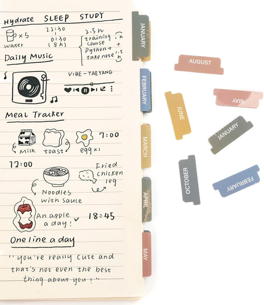Lumintutu Laminated Planner Monthly Stickers,40 Adhesive Plan Tabs Accessories for Notebooks (2 Sets 12 Month Tabs and 16 Blank Tabs), Hobonichi 2026 Happy Calendar Inserts Set (Morandi)