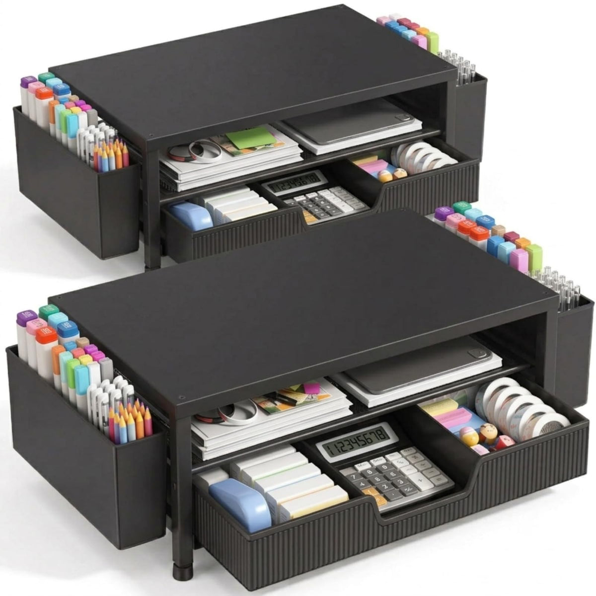 ECOLOVI Desk Organizer and Accessories, 2-Tier Computer Monitor Stand Rise with Storage Drawer & 2 Pen Holders, Laptop & Printer Stand for Desktop, Workspace Organizers for Office Supplies (Brown)