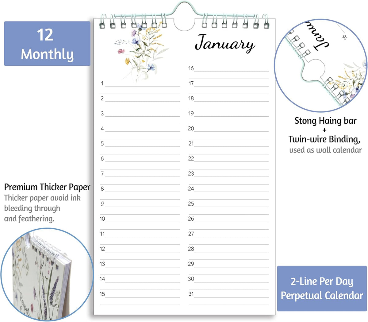 Perpetual Calendar – Undated Calendar 12-Month for Birthday, Anniversaries, Important Days, Festivals Reminder, 6'' x 10'' with 2 Lines Per Days, Twin-wire Binding, Thicker Paper, Minimalist Flowers