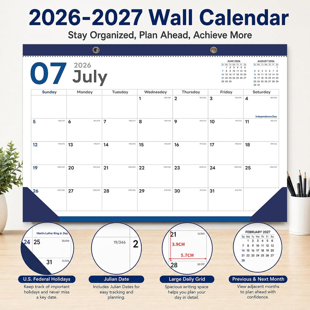 Desk Calendar 2026-2027, 18 Months, Jul 2026-Dec 2027, 17x12 Inch, Navy