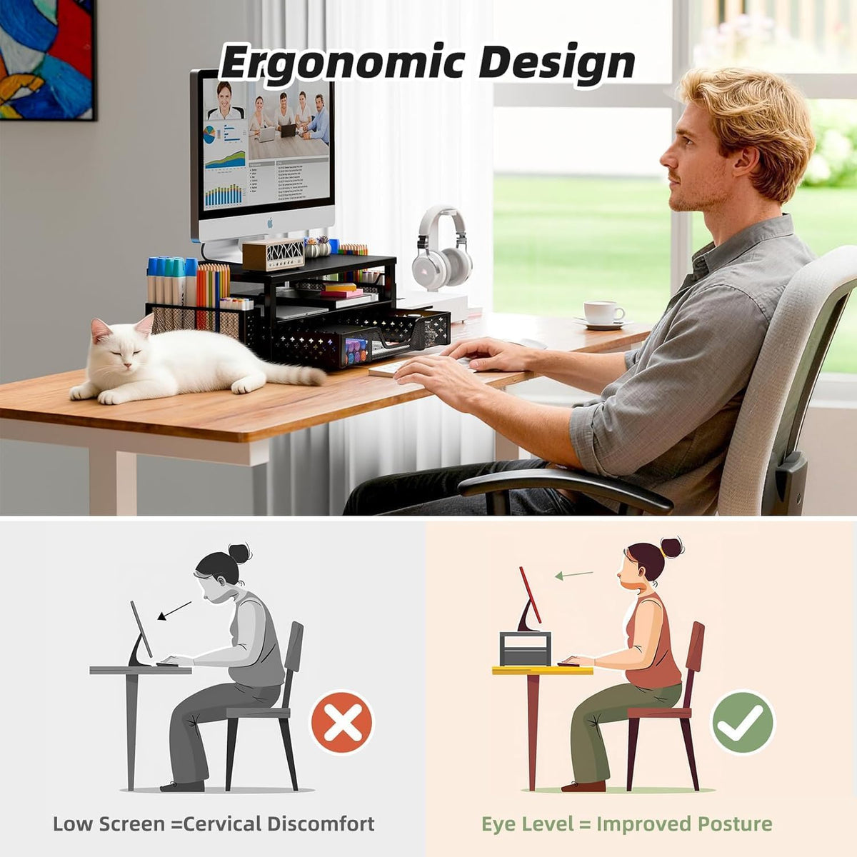 Simple Trending Desk Organizer and Accessories, Monitor Stand Riser, Black