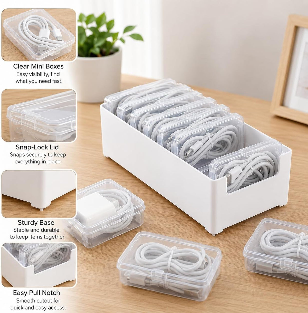 8 Pcs Cable Organizer Storage Box, Desktop Cord Management Organizer with 7 Switch Small Boxes, Clear Home Fuse Beads Case for Stationery Supplies Desk Electronic Accessories, White