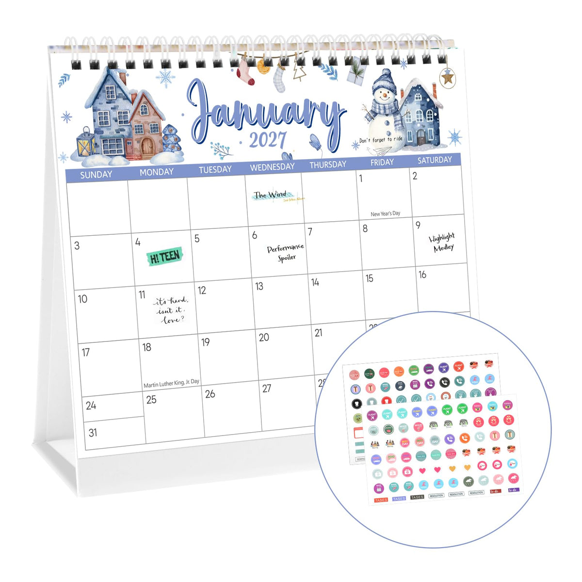 2026-2027 Mini Desk Calendar with Stickers, 8" x 6" 18 Months Festival Watercolor