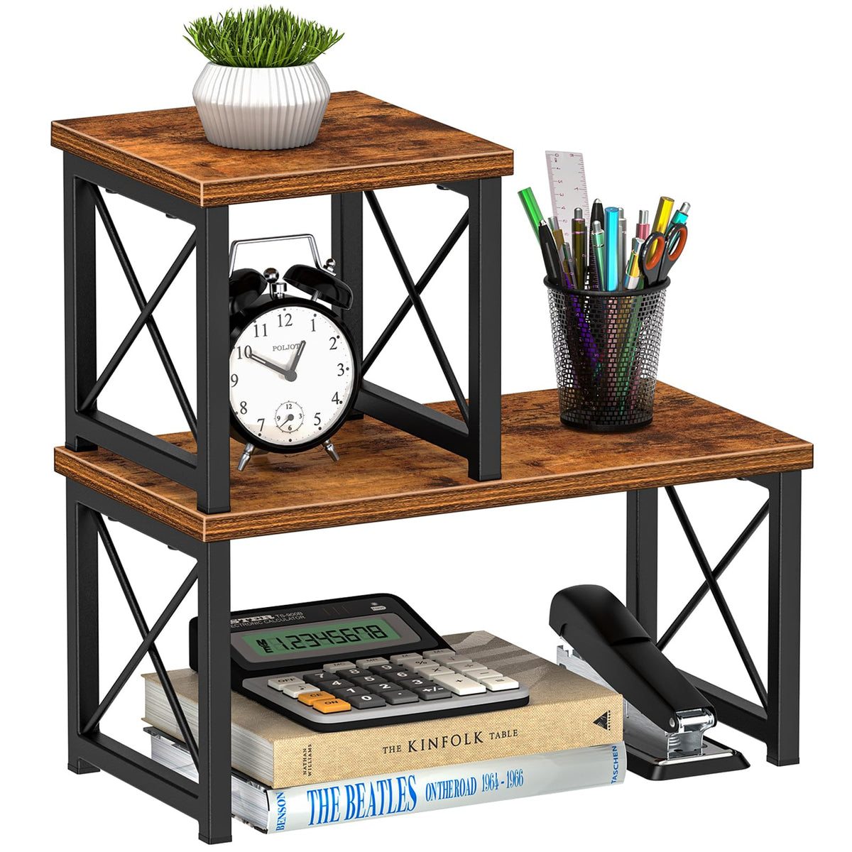 Honiter 2 Sets Desk Shelf, Desktop Organizer Shelf, 2 Tier Independent Stackable Desktop Shelves, Desktop Office Storage Rack Display Shelf