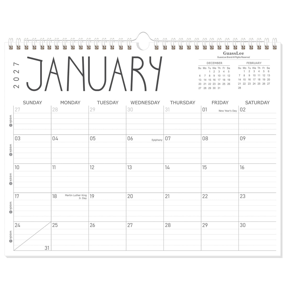 GuassLee 2027 wall calendar 12 month, Jan 2027-Dec 2027, 14"x11"