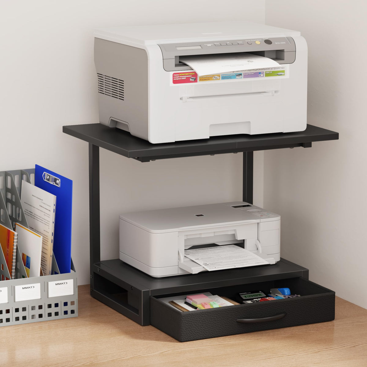 YAOHUOO 2-Tier Desktop Printer Stand with Fabric Drawer,17.3"x11.8" Black