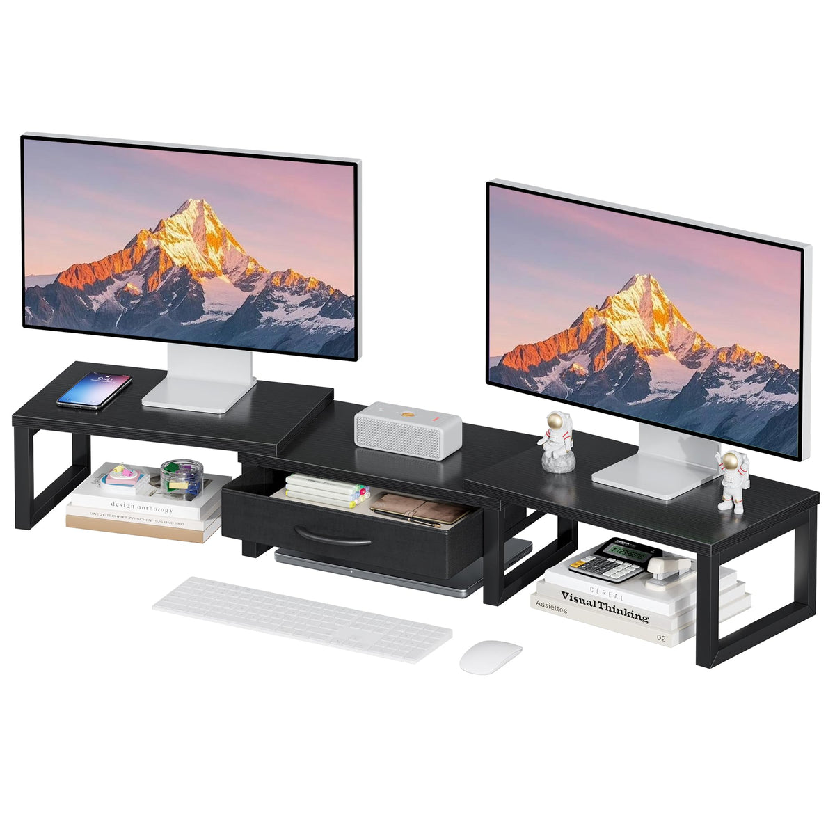 Dual Monitor Stand Riser, Desk Organizers and Accessories with Drawer, Computer Monitor Stands for Desk, Adjustable Desktop Shelf for PC Laptop Printer TV, Black