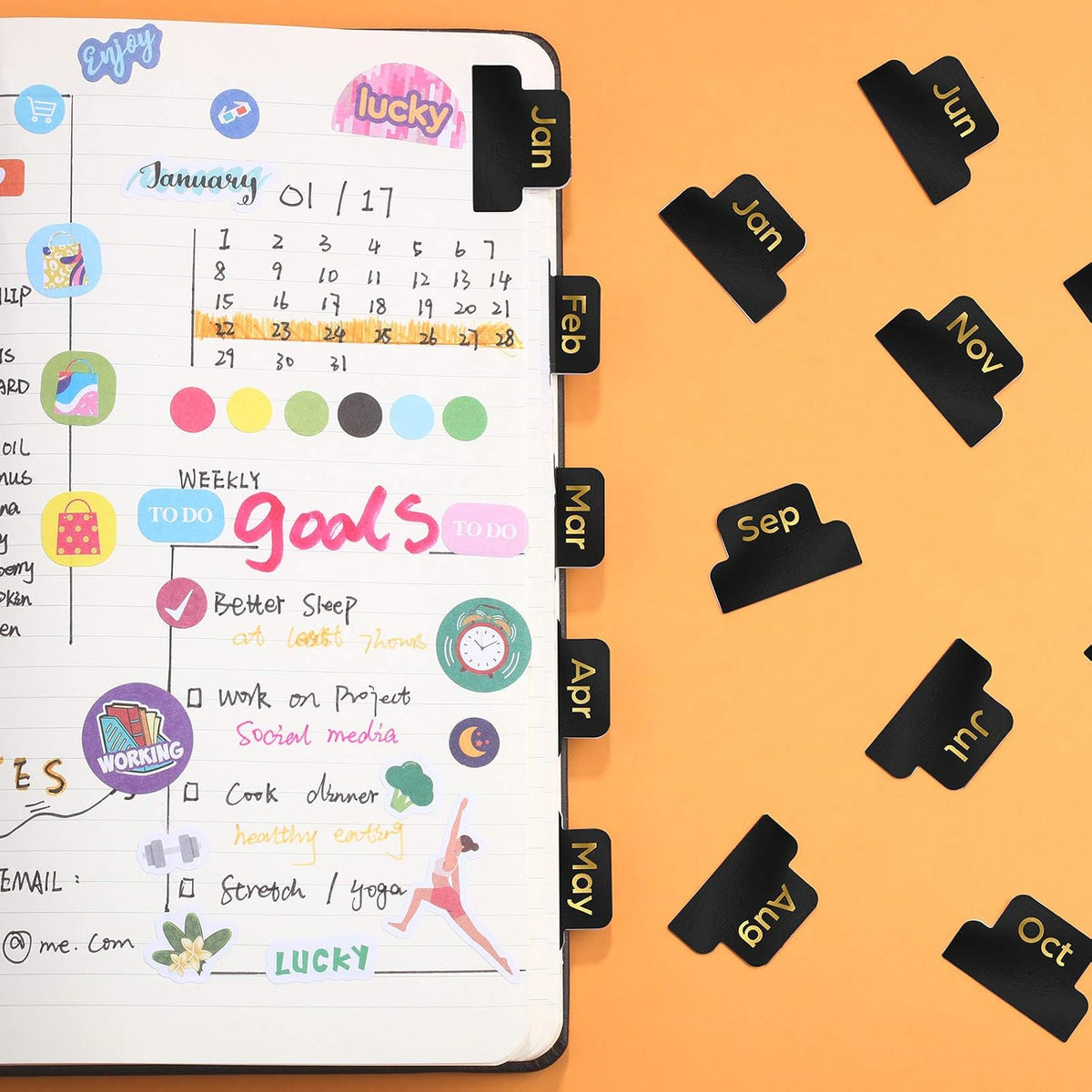 Outus 24 Pcs Monthly Adhesive Tabs for Planner, Black