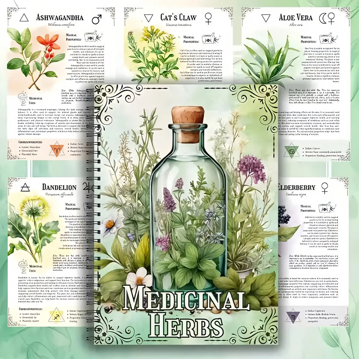 Medicinal Herbs Handbook, Natural Healing Guide, Wellness Journal, Planner Notebook with Colorful Plant Illustrations, Elegant Cover Art & Detailed Graphics