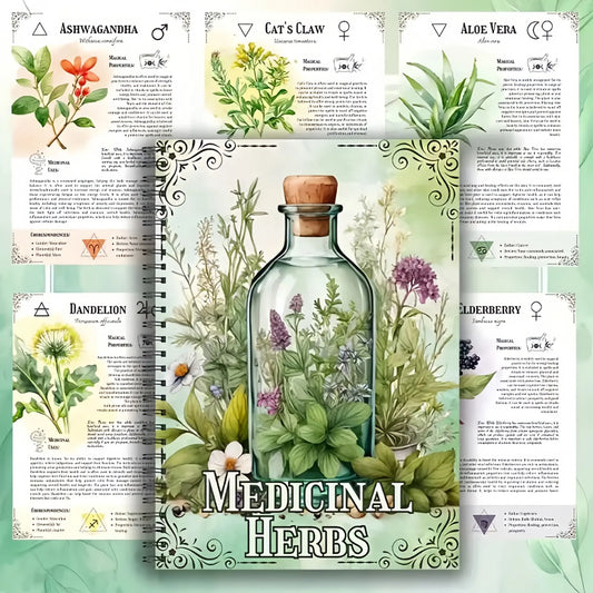 Medicinal Herbs Handbook, Natural Healing Guide, Wellness Journal, Planner Notebook with Colorful Plant Illustrations, Elegant Cover Art & Detailed Graphics