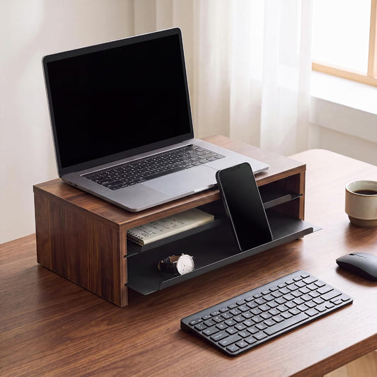 Fenge 14.3-Inch Monitor Stand with Slide-Out Trays, Wood & Metal Desk Shelf