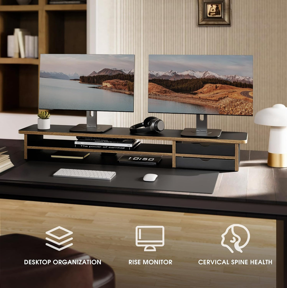 Fenge Monitor Stand, Desk Computer Riser with Frosted Storage Drawer, Black