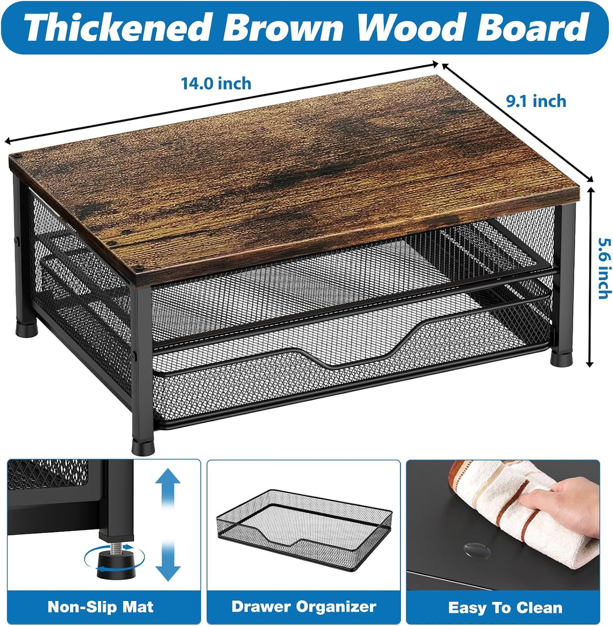 OPNICE Computer Monitor Stand Riser, Desk Organizer with Drawer, Printer & Laptop Stand, Office Desk Accessories & Workspace Desktop Organizers Storage for Office Supplies(Brown)