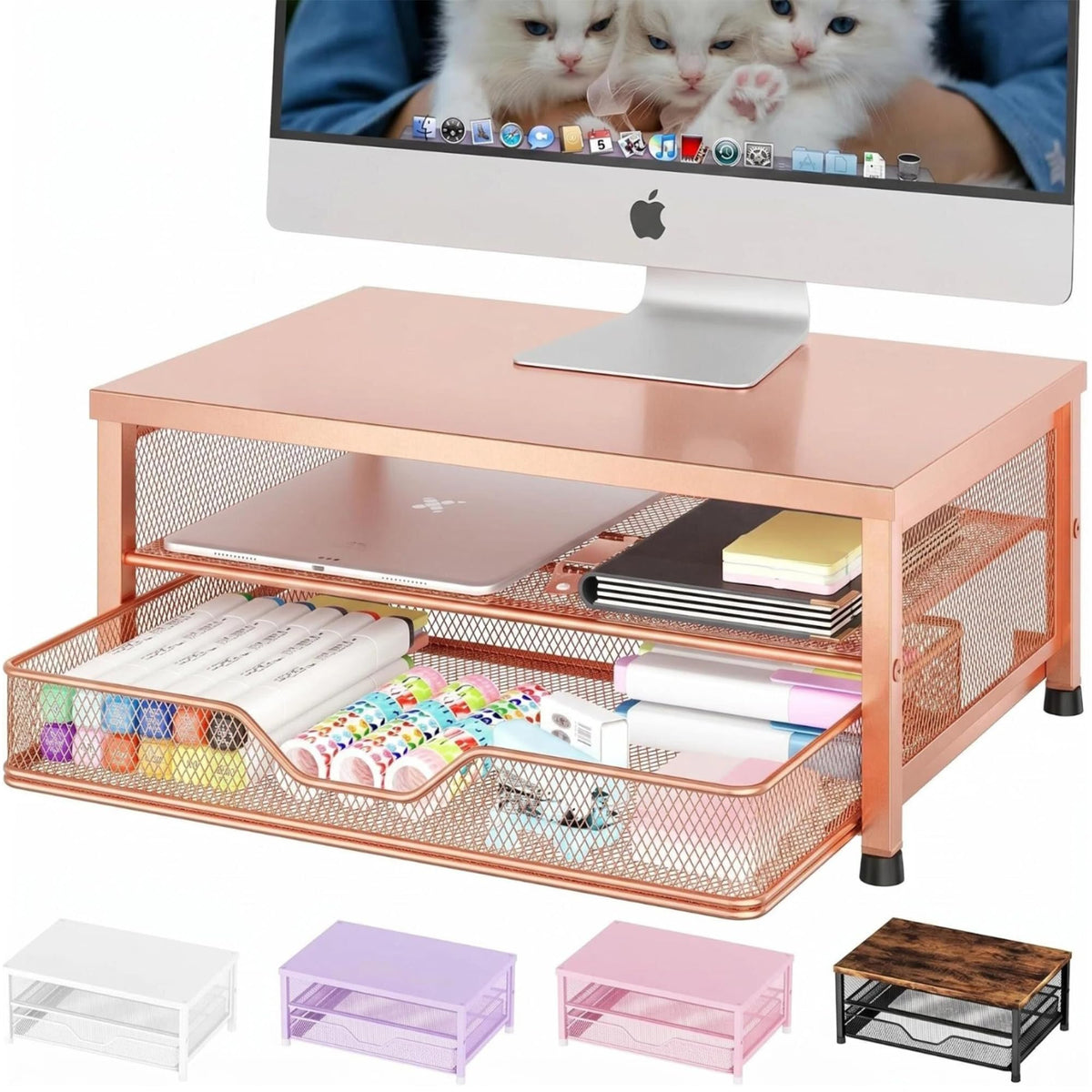 OPNICE Computer Monitor Stand Riser, Desk Organizer with Drawer, Printer & Laptop Stand, Office Desk Accessories & Workspace Desktop Organizers Storage for Office Supplies(Brown)
